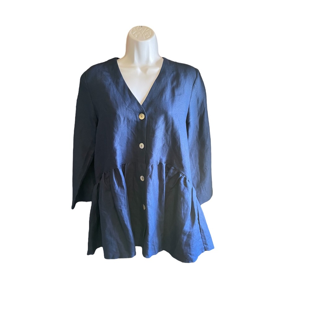 Jennifer Grace Blue Button Down Peplum‎ Top Blouse 3/4 Sleeve Womens